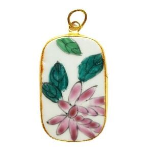 Vintage Hand Painted Floral Pottery Shard Pendant Gold Tone Pink Flower Jewelry